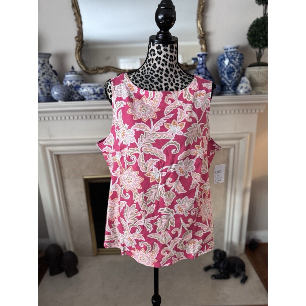 Plus Size Croft & Barrow Floral Bateau Neck Tank Top Coral Pink 3X Cotton New